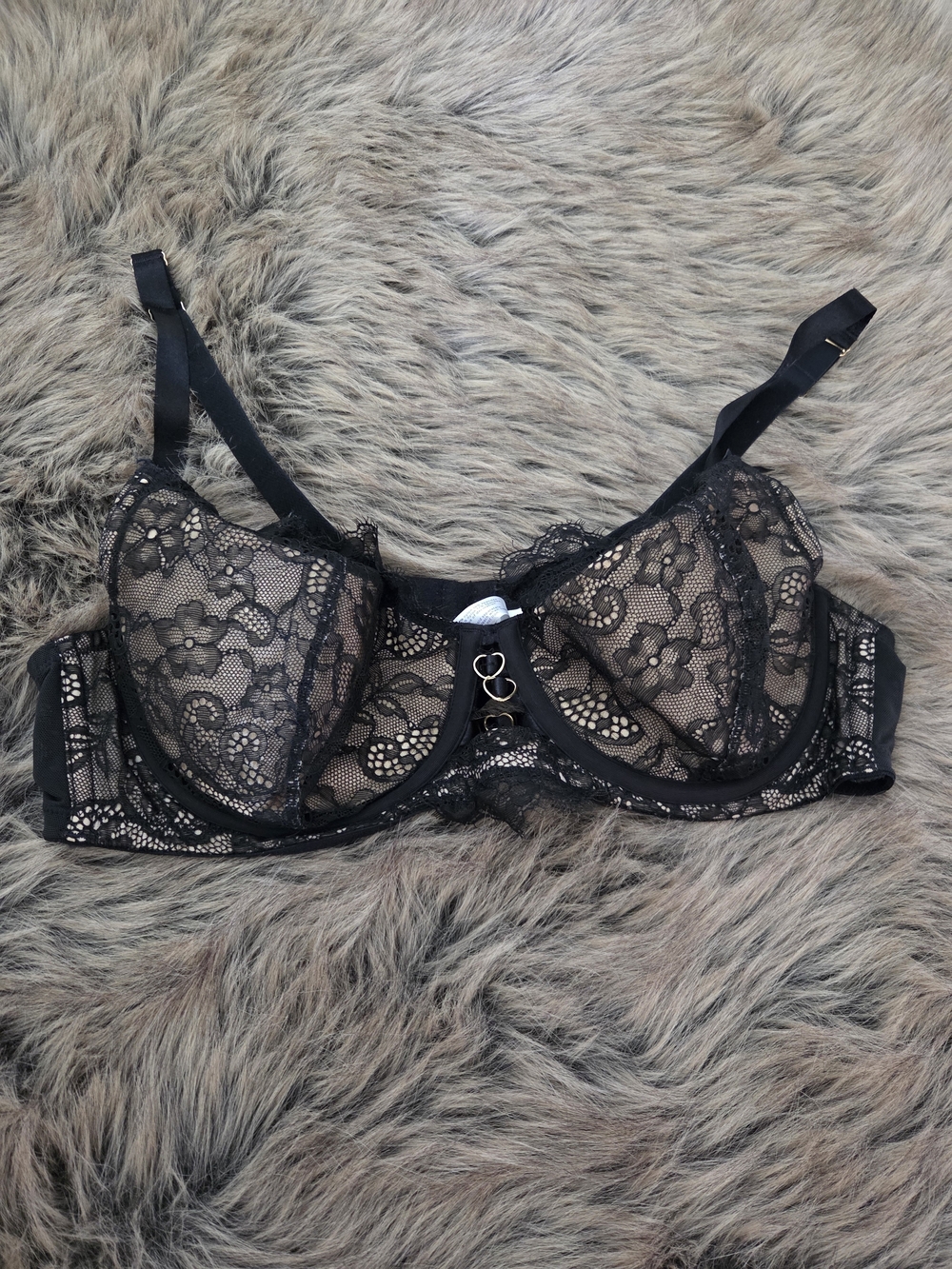 Cacique Black Lace Underwire Bra with Floral Mesh